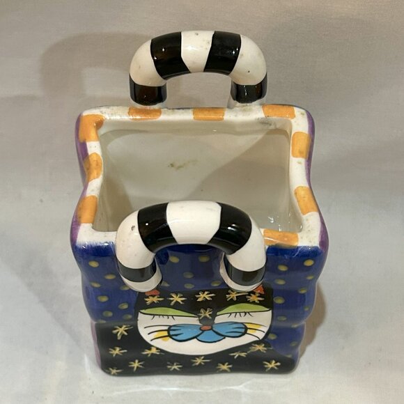 Milson & Louis Hand Painted Ceramic Planter Whimsical Cat on Shopping Bag Tote - Picture 8 of 10